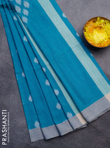 Khadi cotton sarees teal blue with thread woven buttas and simple border