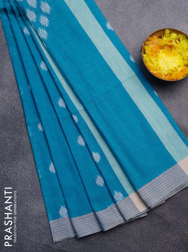 Khadi cotton sarees teal blue with thread woven buttas and simple border