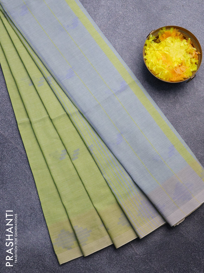 Khadi cotton sarees lime gree with thread woven buttas and simple border