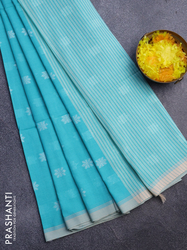 Khadi cotton sarees teal blue with thread woven floral buttas and simple border