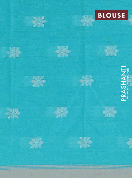 Khadi cotton sarees teal blue with thread woven floral buttas and simple border