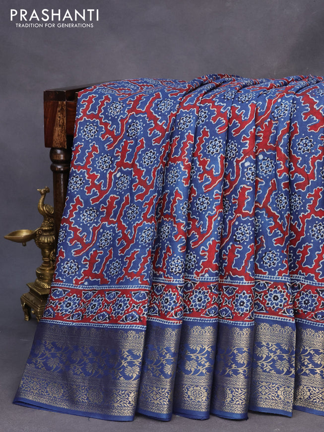 Dola silk saree blue and maroon with allover ajrakh prints and zari woven border