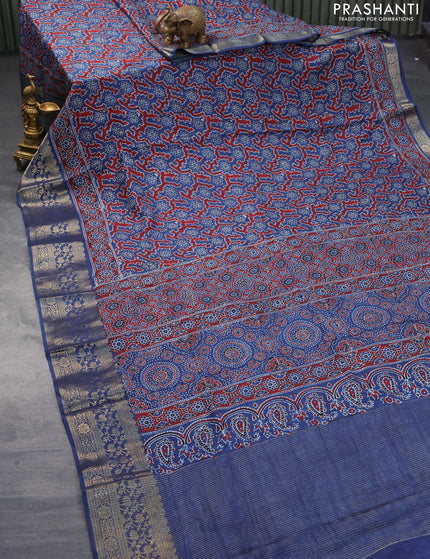 Dola silk saree blue and maroon with allover ajrakh prints and zari woven border