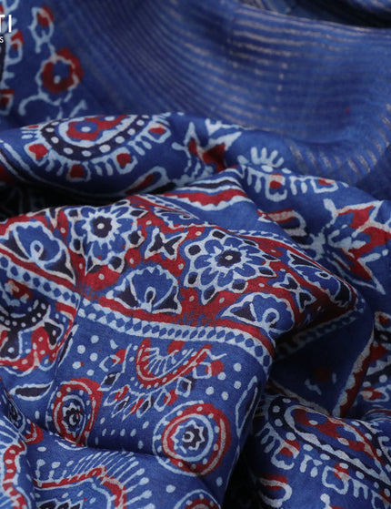 Dola silk saree blue and maroon with allover ajrakh prints and zari woven border