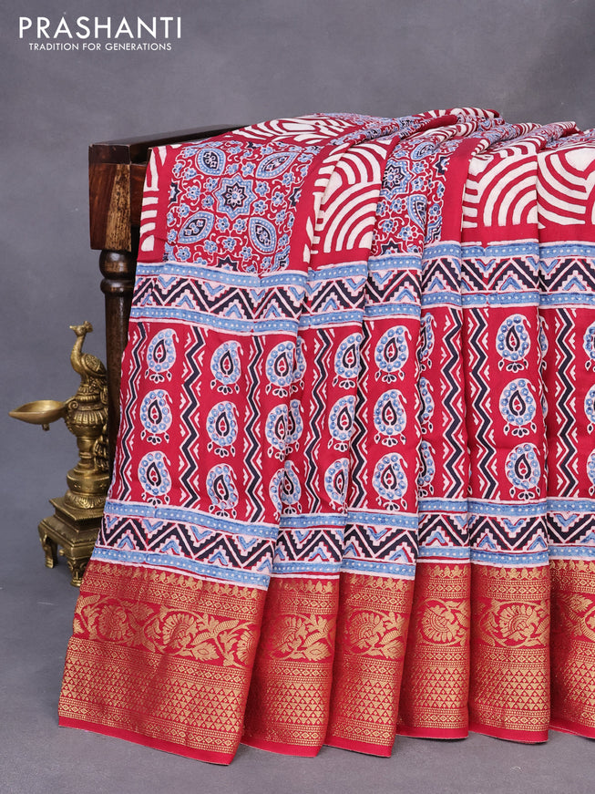 Dola silk saree maroon with allover ajrakh prints and zari woven border