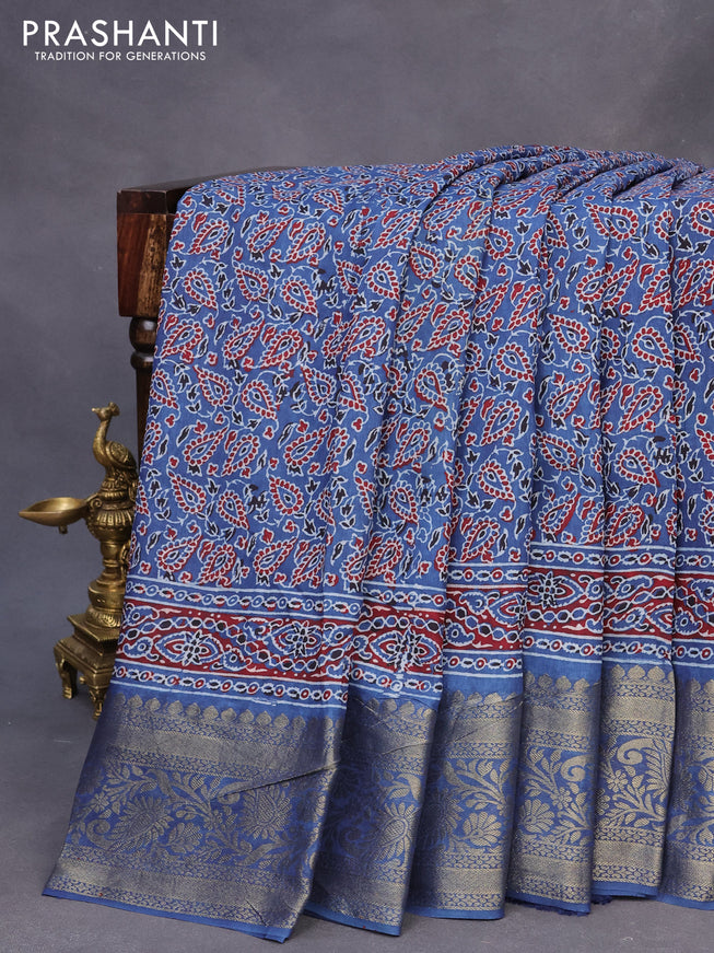 Dola silk saree blue and maroon with allover ajrakh prints and zari woven border