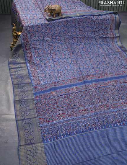 Dola silk saree blue and maroon with allover ajrakh prints and zari woven border