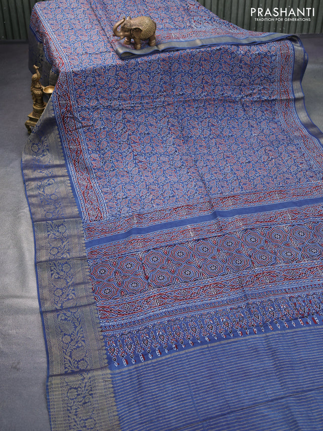 Dola silk saree blue and maroon with allover ajrakh prints and zari woven border