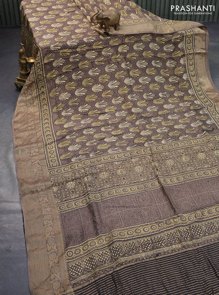 Dola silk saree brown shade with allover ajrakh prints and zari woven border