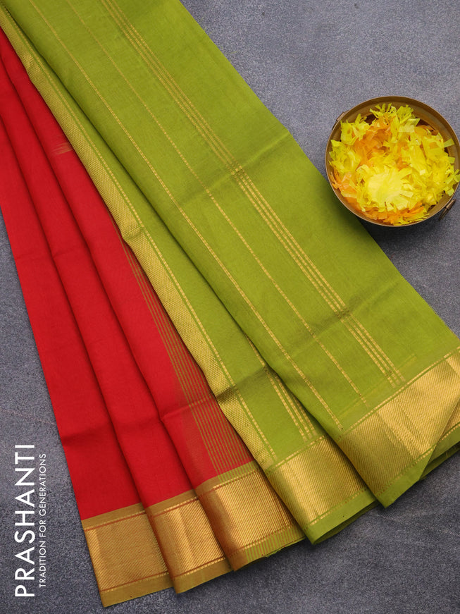 Silk cotton saree red and light green with plain body and zari woven border