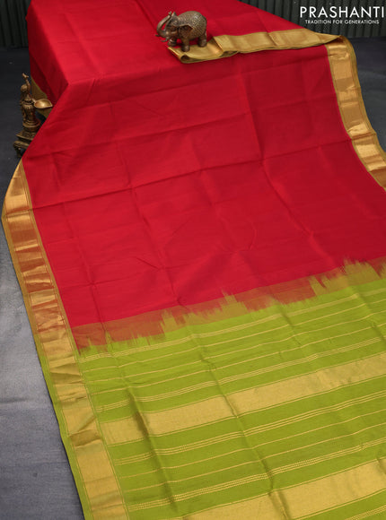 Silk cotton saree red and light green with plain body and zari woven border