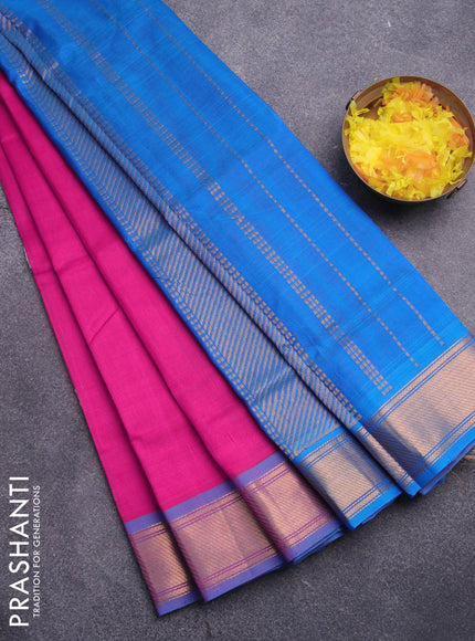 Silk cotton saree pink and cs blue with plain body and zari woven border