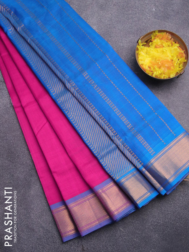 Silk cotton saree pink and cs blue with plain body and zari woven border