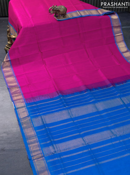 Silk cotton saree pink and cs blue with plain body and zari woven border