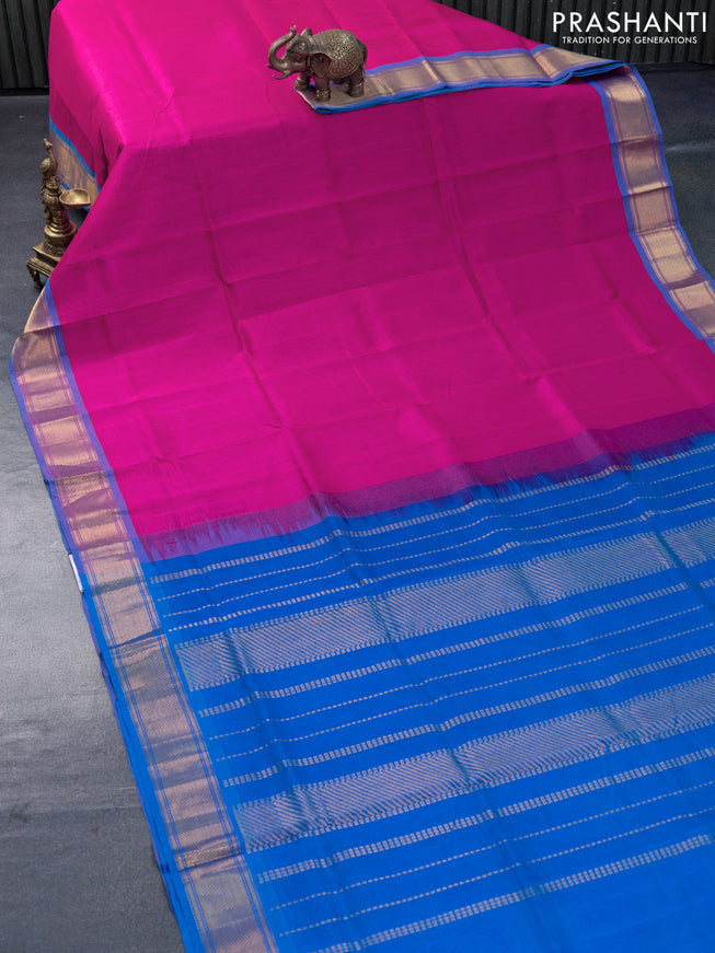 Silk cotton saree pink and cs blue with plain body and zari woven border