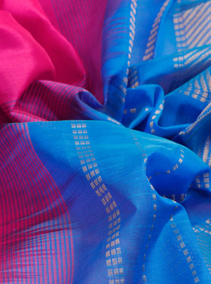 Silk cotton saree pink and cs blue with plain body and zari woven border