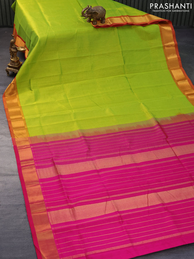 Silk cotton saree light green and pink with plain body and zari woven border