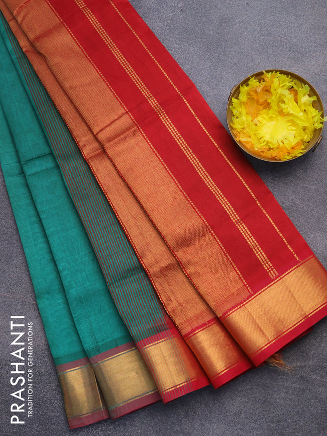 Silk cotton saree green shade and red with plain body and zari woven border