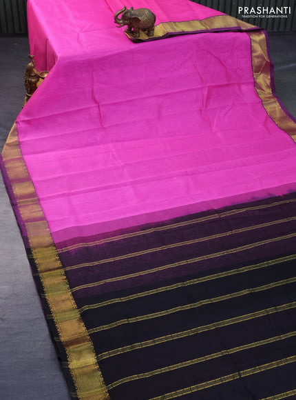 Silk cotton saree candy pink and black with plain body and zari woven border