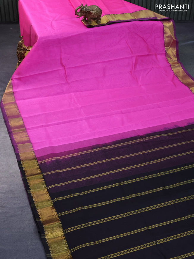 Silk cotton saree candy pink and black with plain body and zari woven border