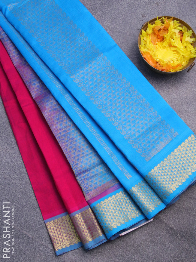 Silk cotton saree pink and cs blue with plain body and zari woven border