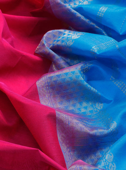 Silk cotton saree pink and cs blue with plain body and zari woven border