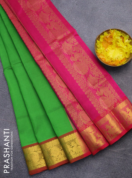 Silk cotton saree light green and pink with plain body and annam zari woven border