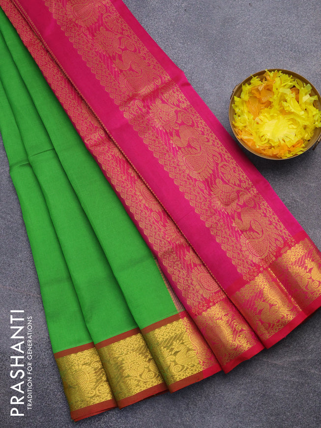 Silk cotton saree light green and pink with plain body and annam zari woven border