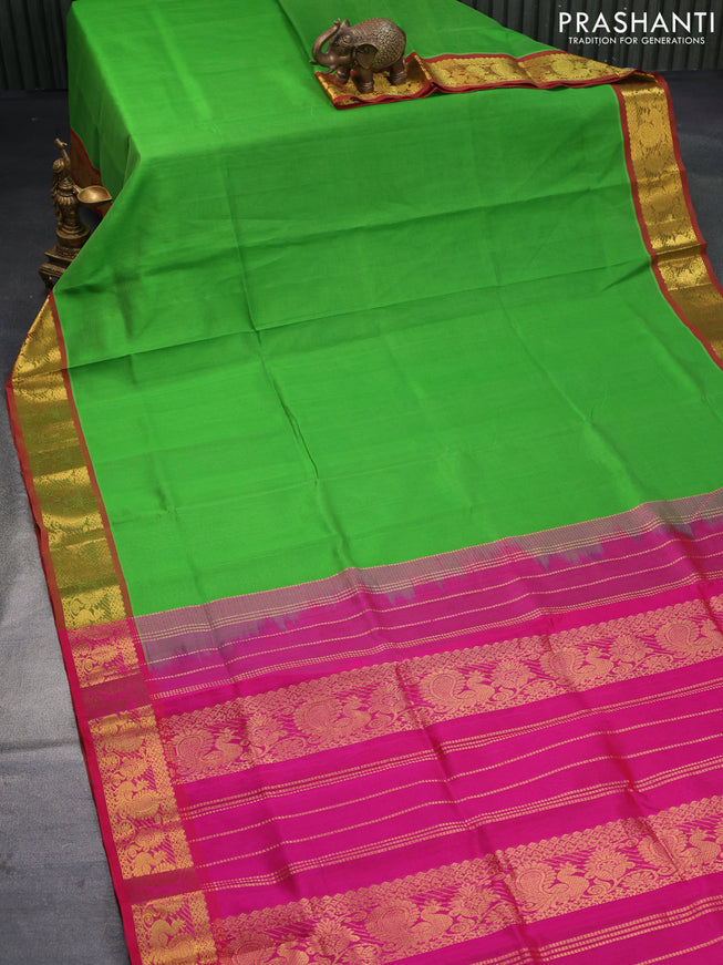 Silk cotton saree light green and pink with plain body and annam zari woven border