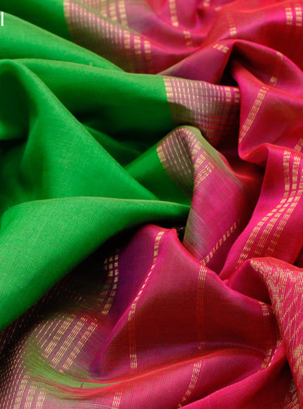 Silk cotton saree light green and pink with plain body and annam zari woven border