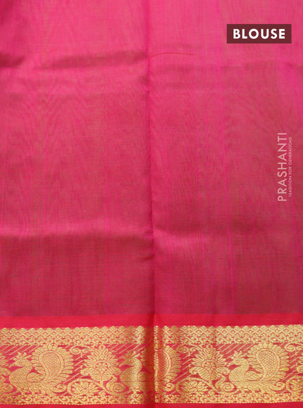 Silk cotton saree light green and pink with plain body and annam zari woven border