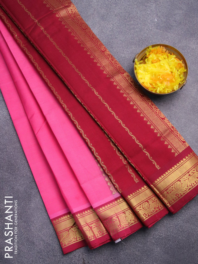 Silk cotton saree candy pink and maroon with plain body and zari woven border