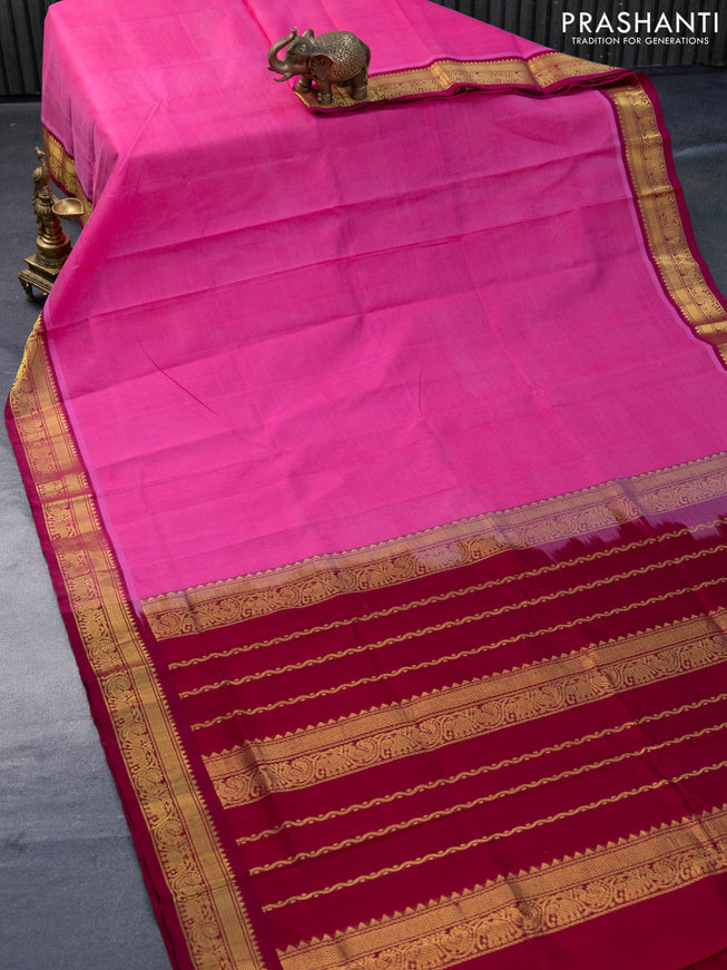 Silk cotton saree candy pink and maroon with plain body and zari woven border