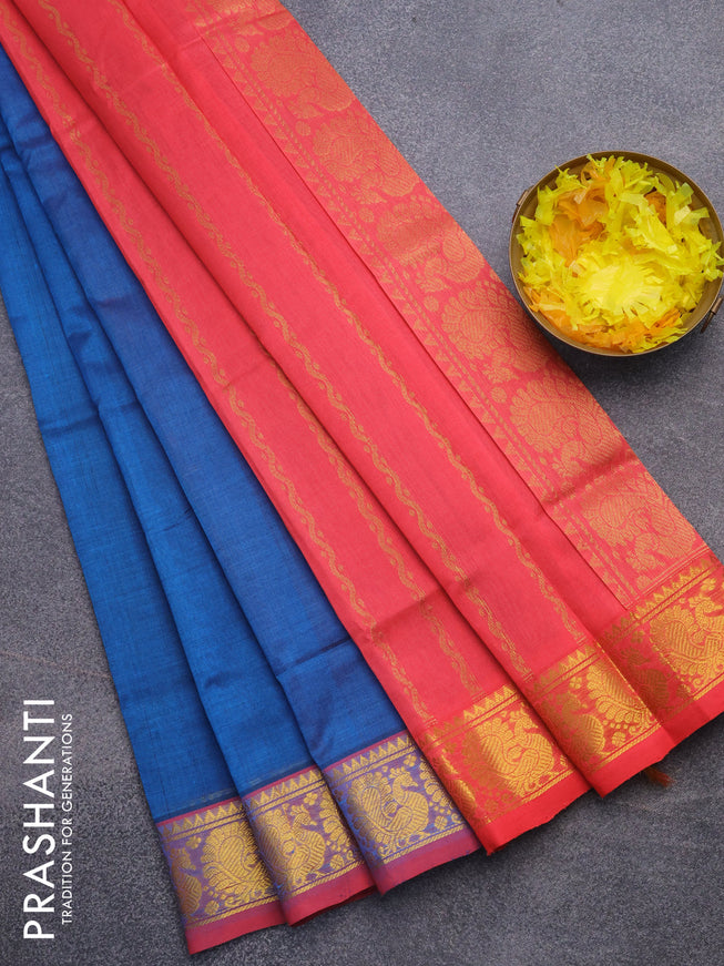 Silk cotton saree cs blue and peach pink with plain body and annam zari woven border