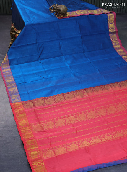 Silk cotton saree cs blue and peach pink with plain body and annam zari woven border