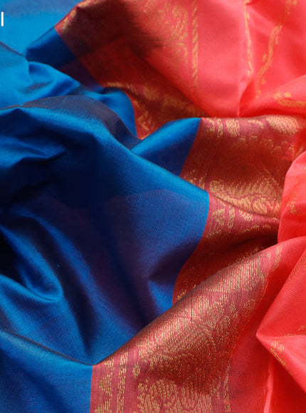 Silk cotton saree cs blue and peach pink with plain body and annam zari woven border