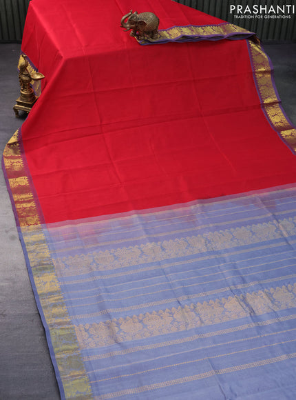 Silk cotton saree red and grey with plain body and annam zari woven border