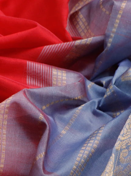 Silk cotton saree red and grey with plain body and annam zari woven border