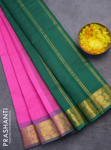 Silk cotton saree candy pink and green with plain body and annam zari woven border