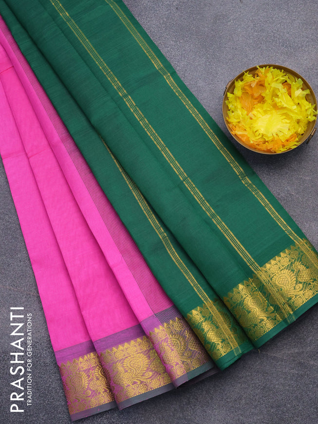 Silk cotton saree candy pink and green with plain body and annam zari woven border