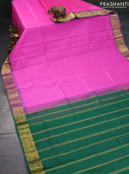 Silk cotton saree candy pink and green with plain body and annam zari woven border