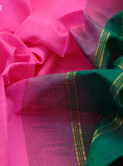 Silk cotton saree candy pink and green with plain body and annam zari woven border