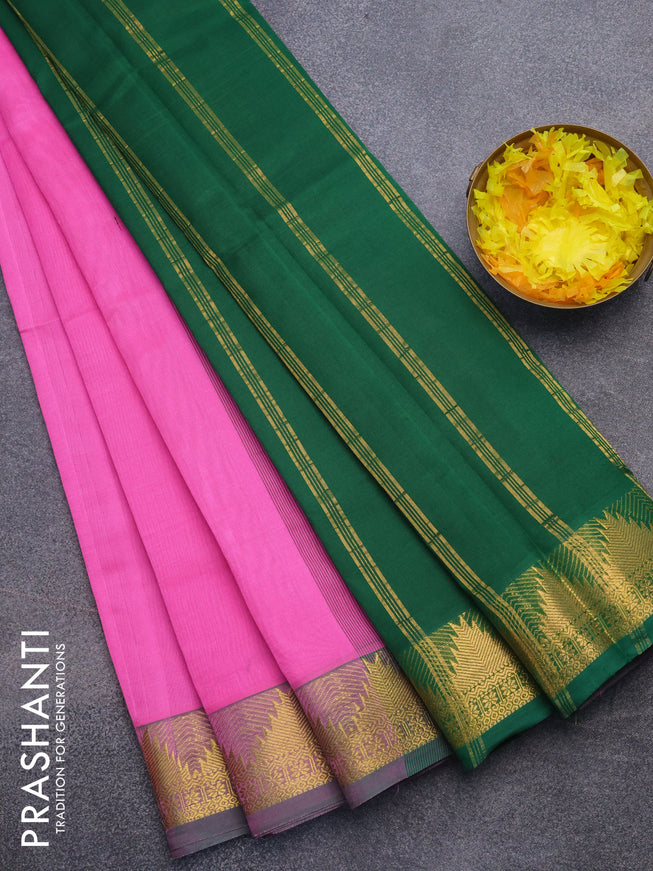 Silk cotton saree candy pink and green with plain body and temple design zari woven border