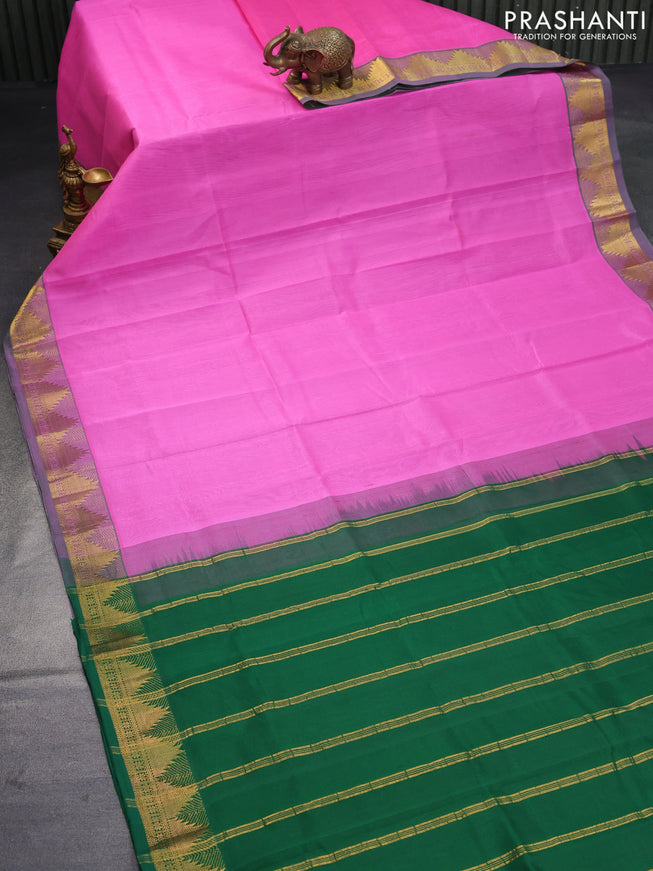 Silk cotton saree candy pink and green with plain body and temple design zari woven border