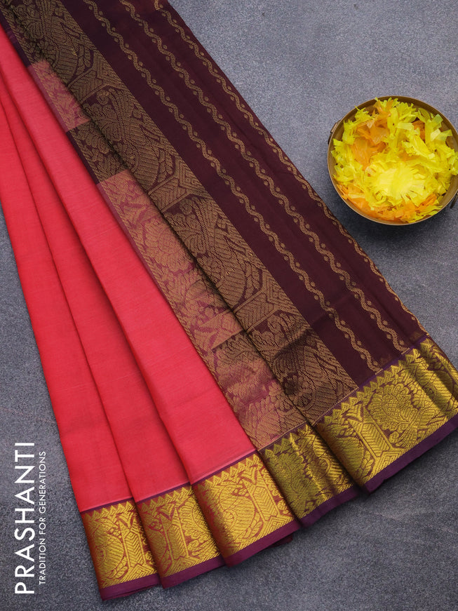 Silk cotton saree reddish pink and brown with plain body and annam zari woven border