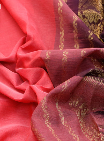 Silk cotton saree reddish pink and brown with plain body and annam zari woven border