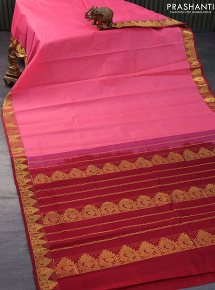 Silk cotton saree pink shade and maroon with plain body and temple design zari woven border