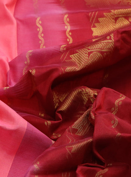 Silk cotton saree pink shade and maroon with plain body and temple design zari woven border