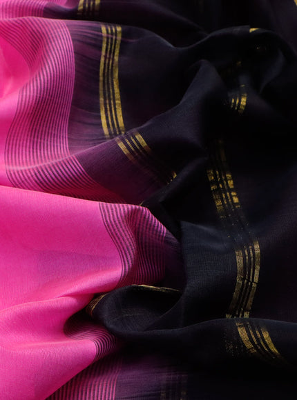 Silk cotton saree pink and black with plain body and zari woven simple border