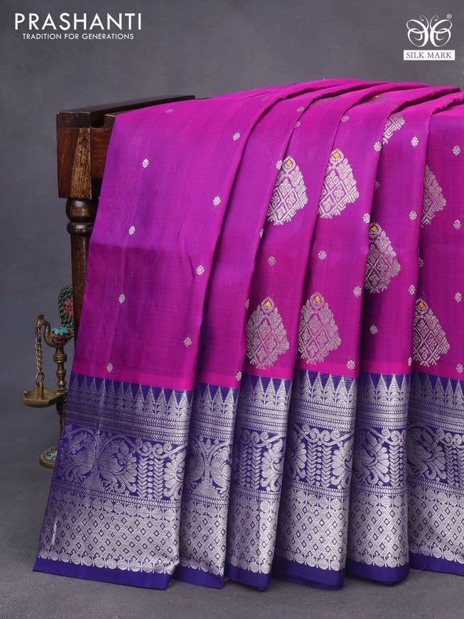 Venkatagiri silk saree purple and dark blue with silver zari woven buttas and long silver zari woven annam border